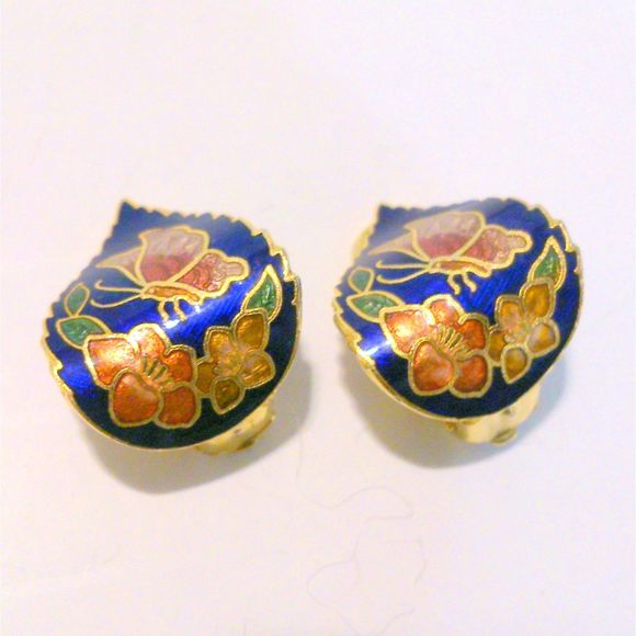 Vintage Butterfly Design Cobalt Blue Clip On Cloisonne Earrings - Picture 3 of 3